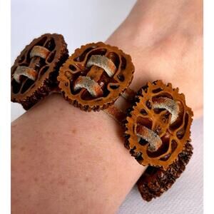 Vintage Carved Walnut Wood & Leather Bracelet Boho Folk 1960s 70s